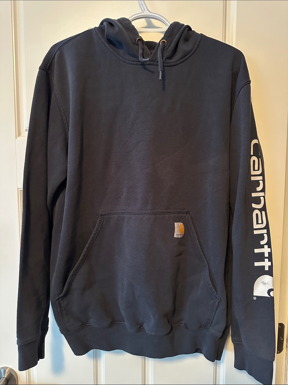 Carhartt Navy Blue Hooded Sweatshirt with Sleeve Logo